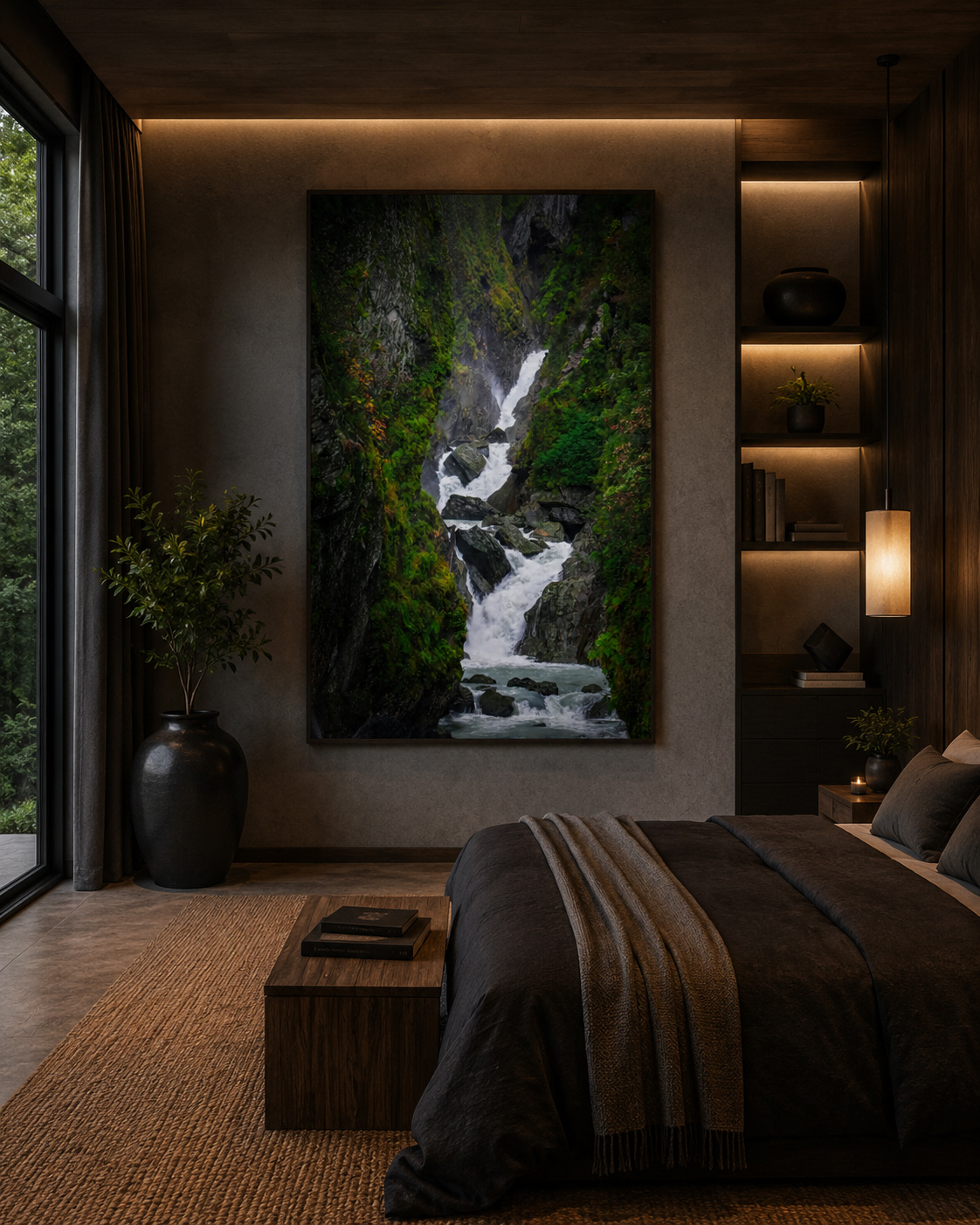 Vertical waterfall artwork displayed in a luxury bedroom interior